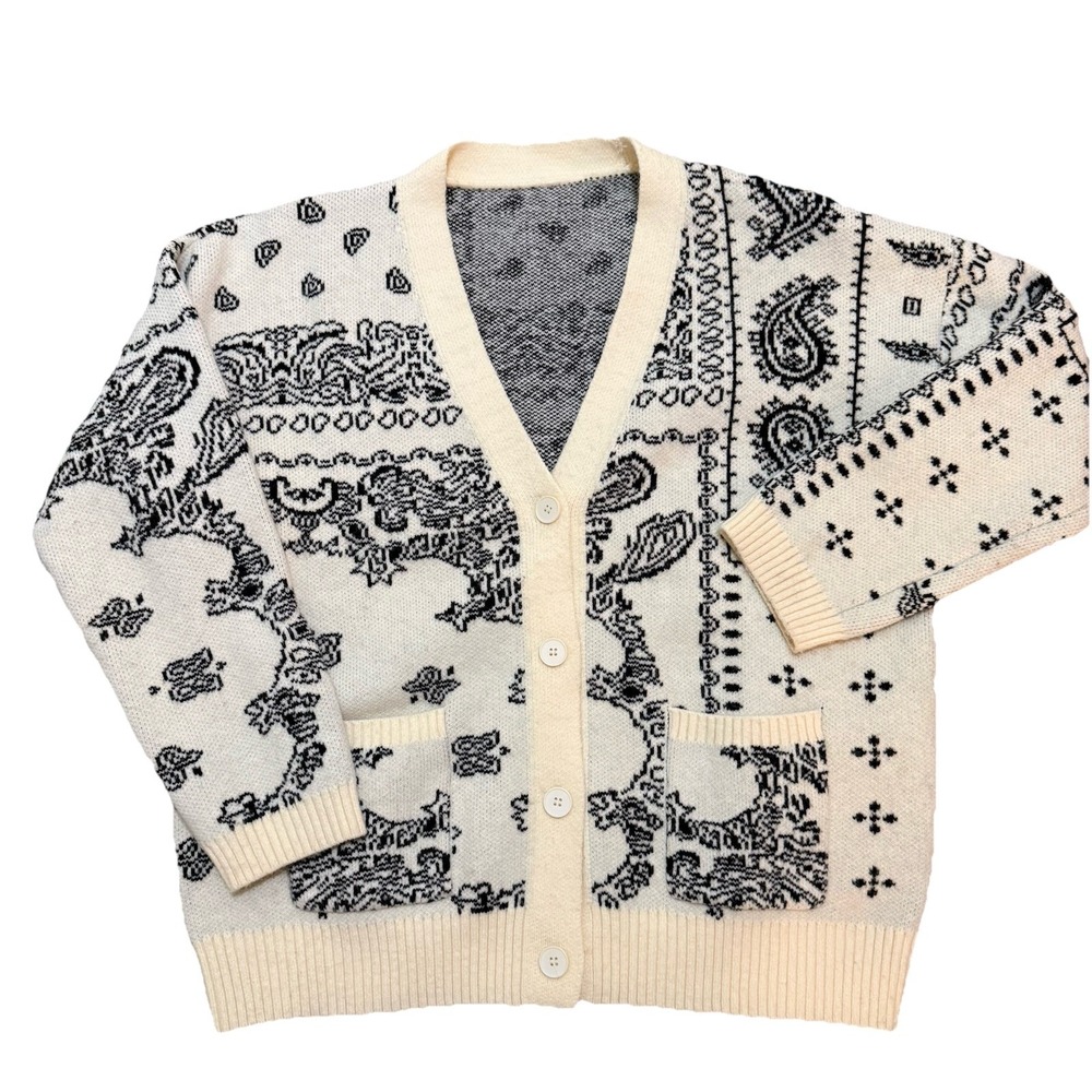 Dazy Womens Cream Paisley Patterned‎ Drop Shoulder Cardigan Fall Sweater L